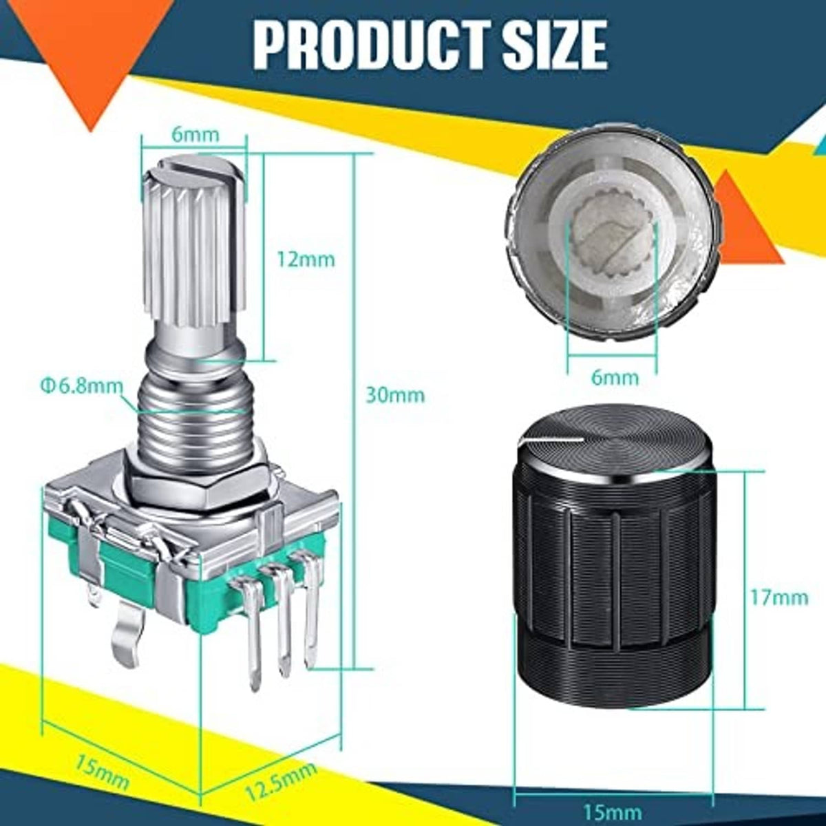 Rotary encoder code switch size diagram with metal shaft and black ribbed knob
