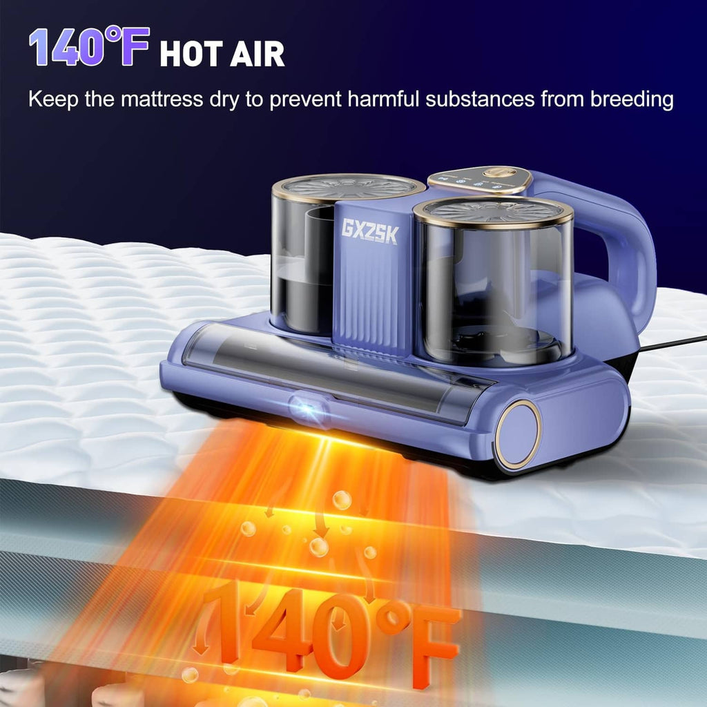 Blue mattress vacuum cleaner with hot air airflow from the cleaning nozzle