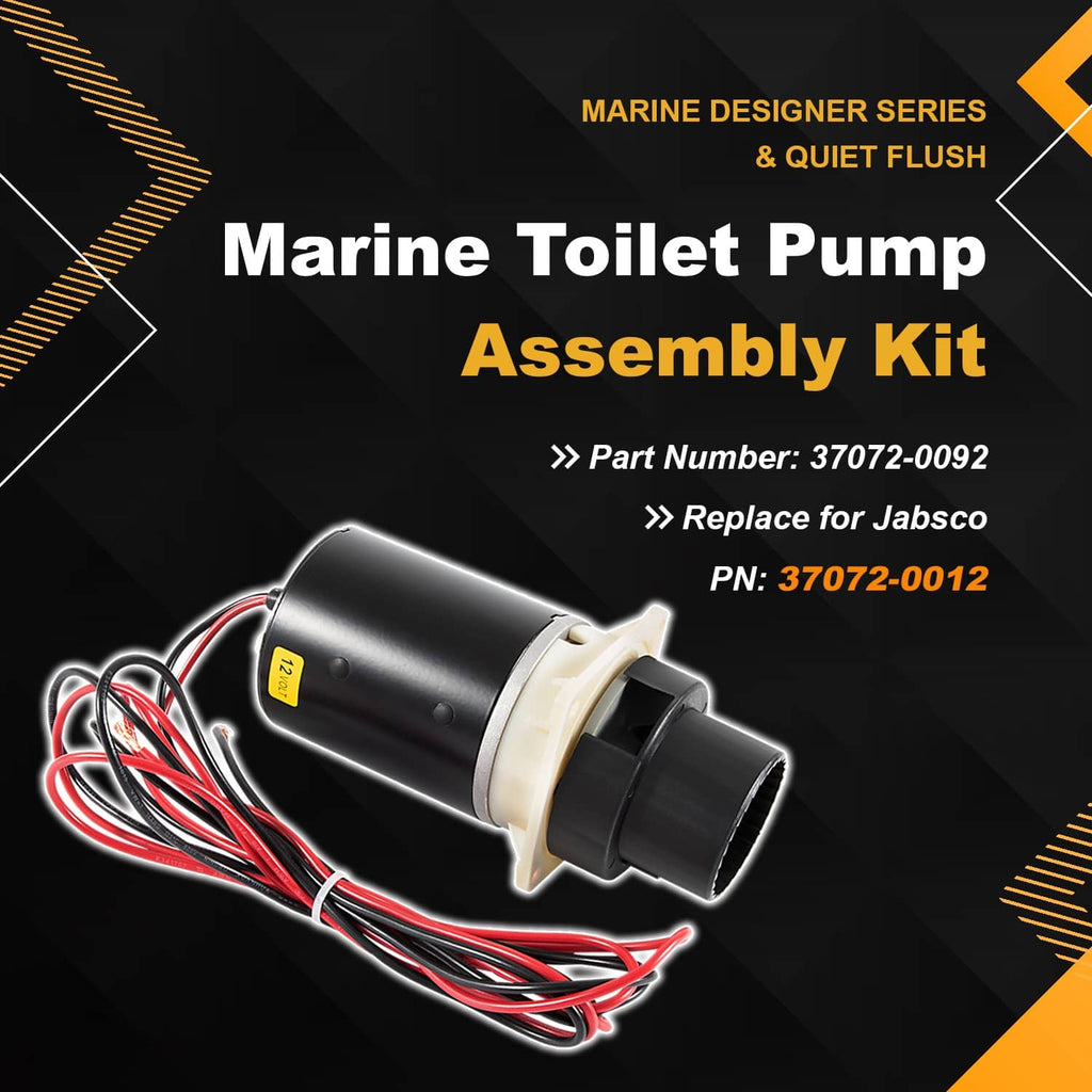 Marine toilet pump assembly kit with black cylindrical motor and red wiring harness