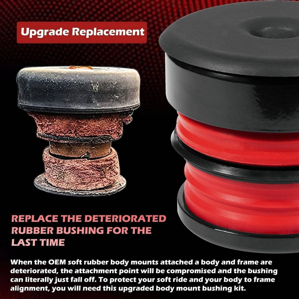 Red silicone bushing next to worn rubber bushing, with black cup top