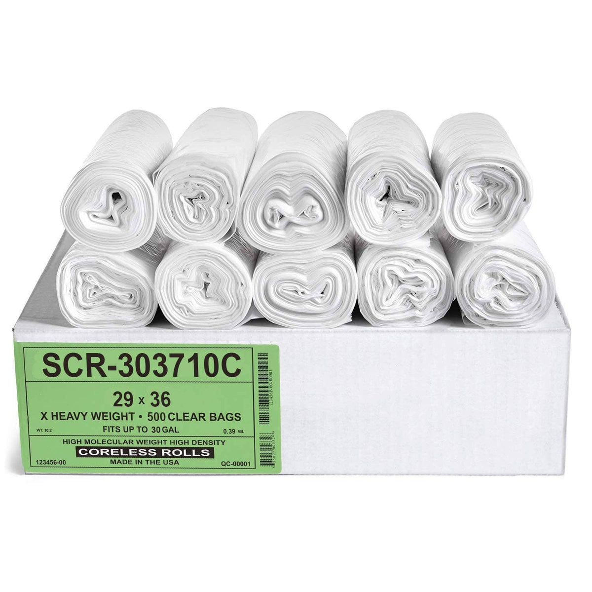 Clear trash bag rolls in retail box, 29 x 36 size label, 500 count