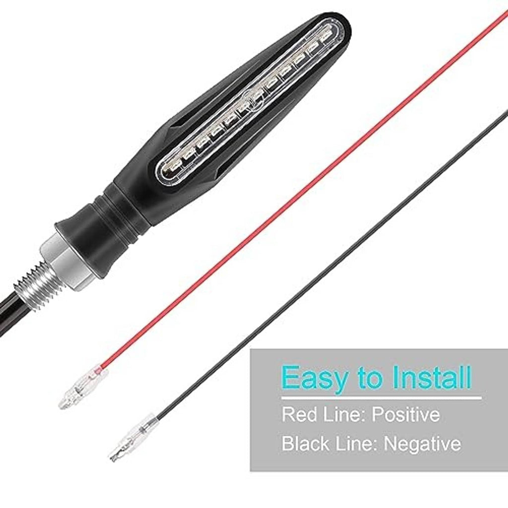 Amber LED turn signal indicator with wiring leads and black mounting stem