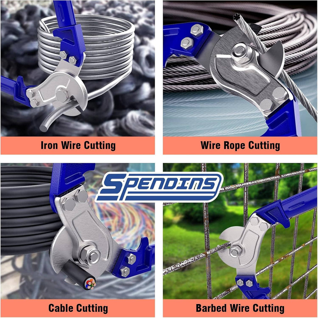 Wire rope cutter in use on metal wire; close-up of cutting jaw and cables.
