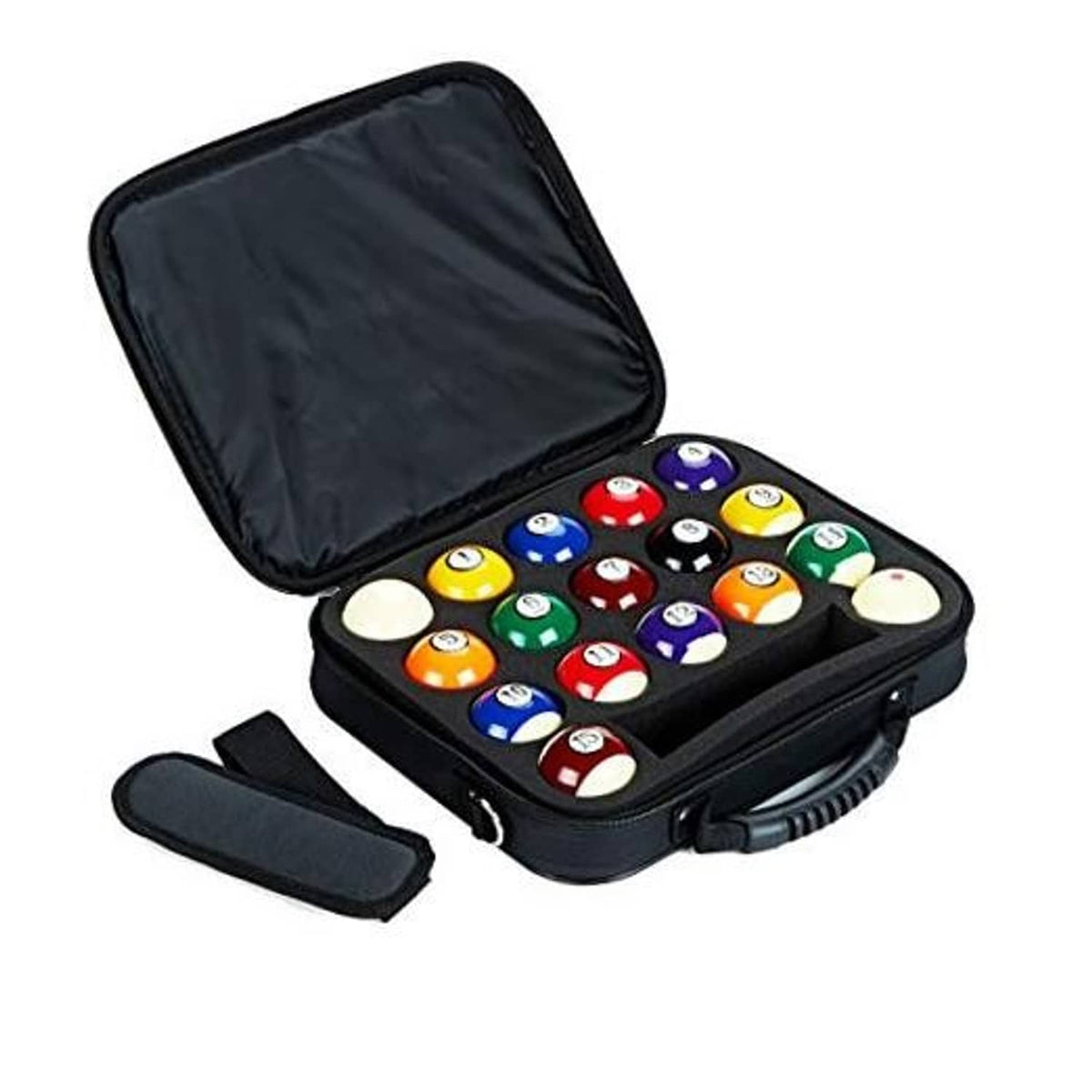 Nylon pool ball carrying case, open top with colorful balls in fitted slots