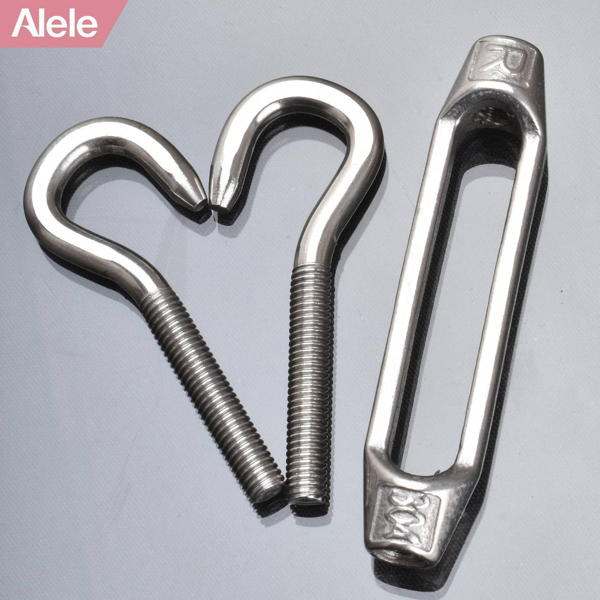 Three stainless steel 304 turnbuckles with U hooks and adjustable threaded rods