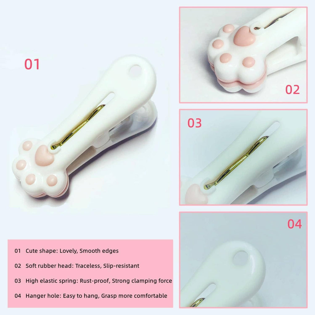 White plastic clothespin with paw charm, metal spring, textured grip head, and elastic design