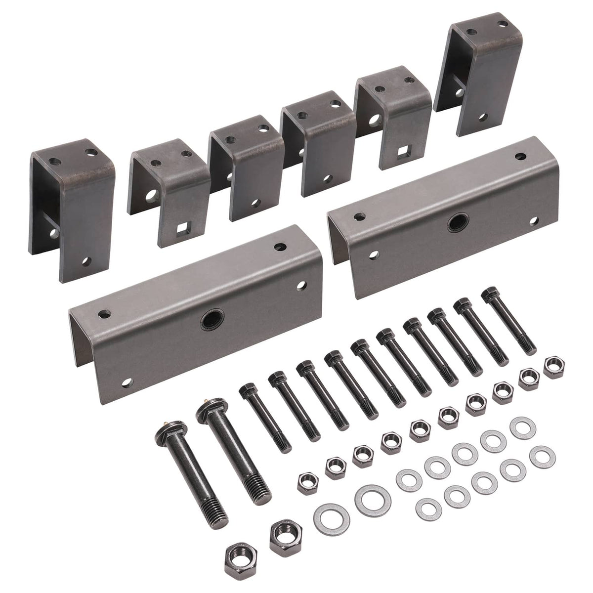 Metal equalizer hanger kit with two long plates, brackets, bolts, nuts, washers