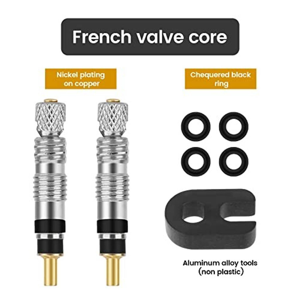 Valve core kit with nickel-plated cores, black O-ring seals, and aluminum alloy tools