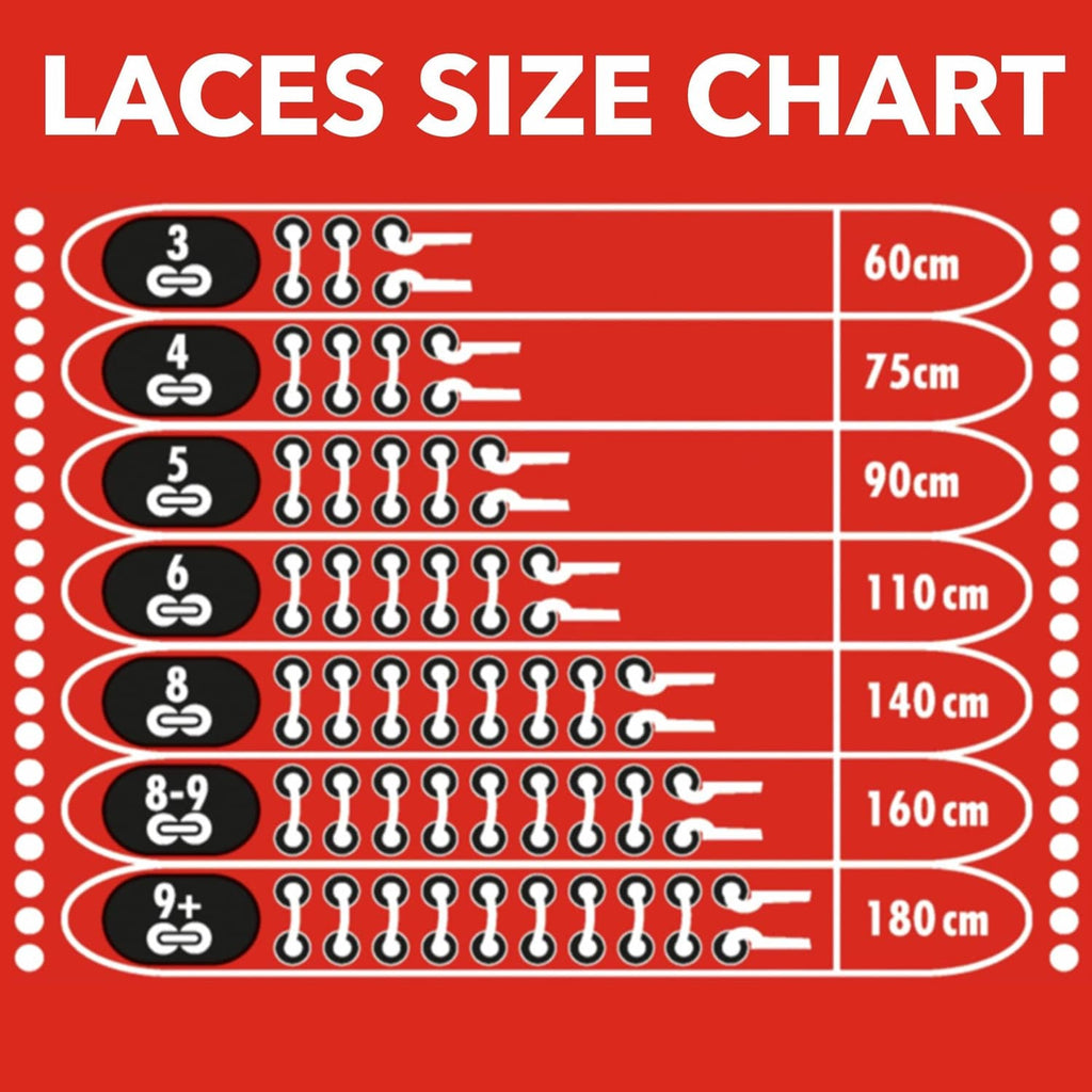 Laces size chart with eyelet counts and lace lengths