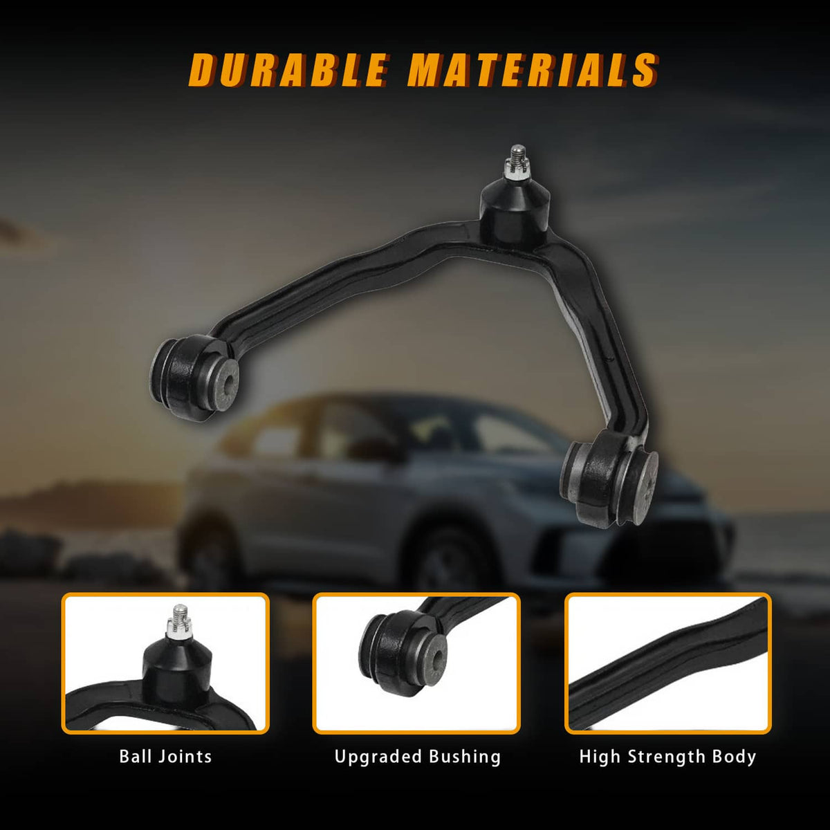 Black control arm with ball joints and upgraded bushings, highlighted for durability