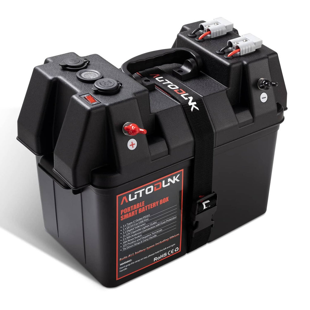 Portable 12V battery power box with red/black terminals and two top charging ports