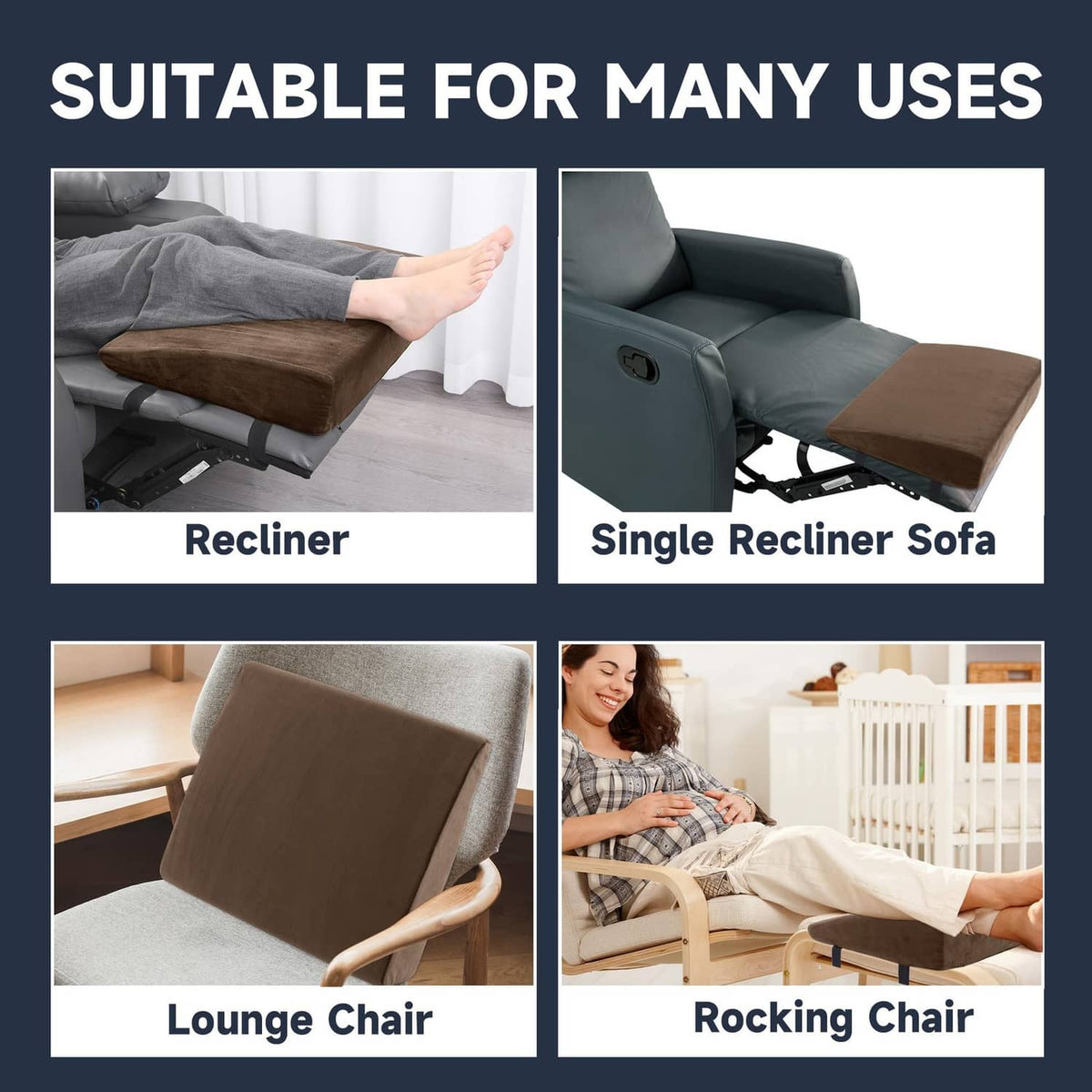 Coffee-brown wedge pillow shown on recliner, lounge chair, and rocking chair
