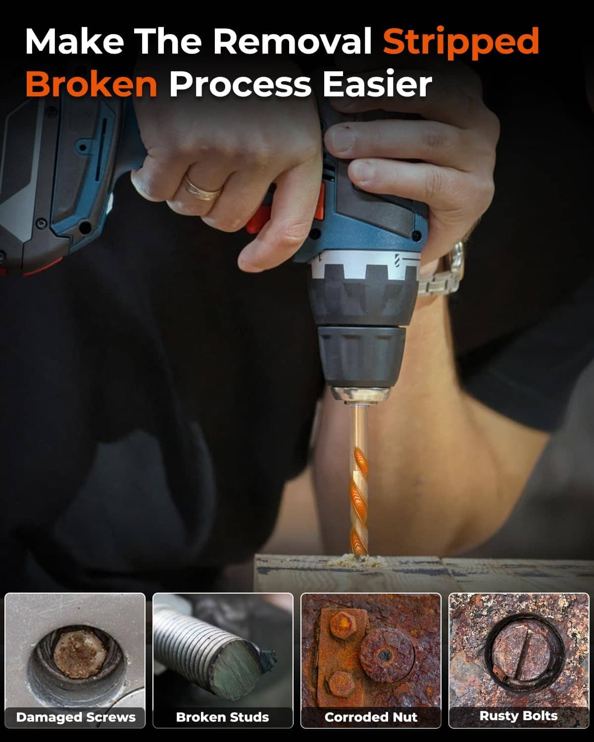 Screw extractor drill bit removing a damaged screw from a metal workpiece