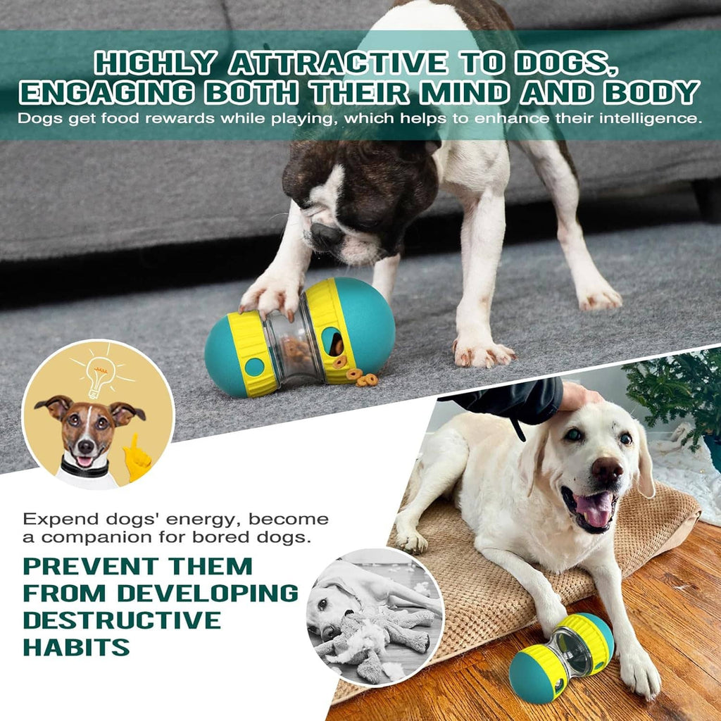 Teal and yellow treat dispensing puzzle ball for dogs with clear drum on the floor