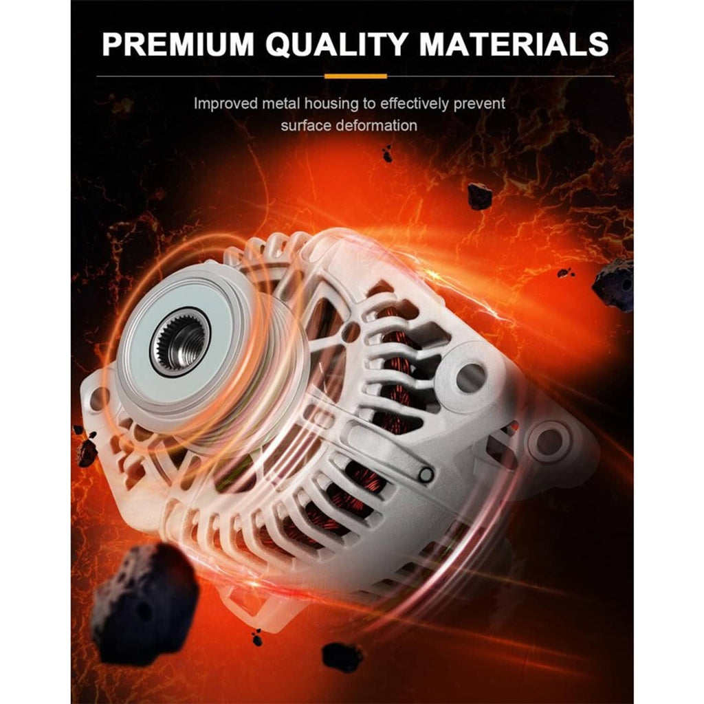 Silver alternator with vented body and copper-red windings, close 3/4 view
