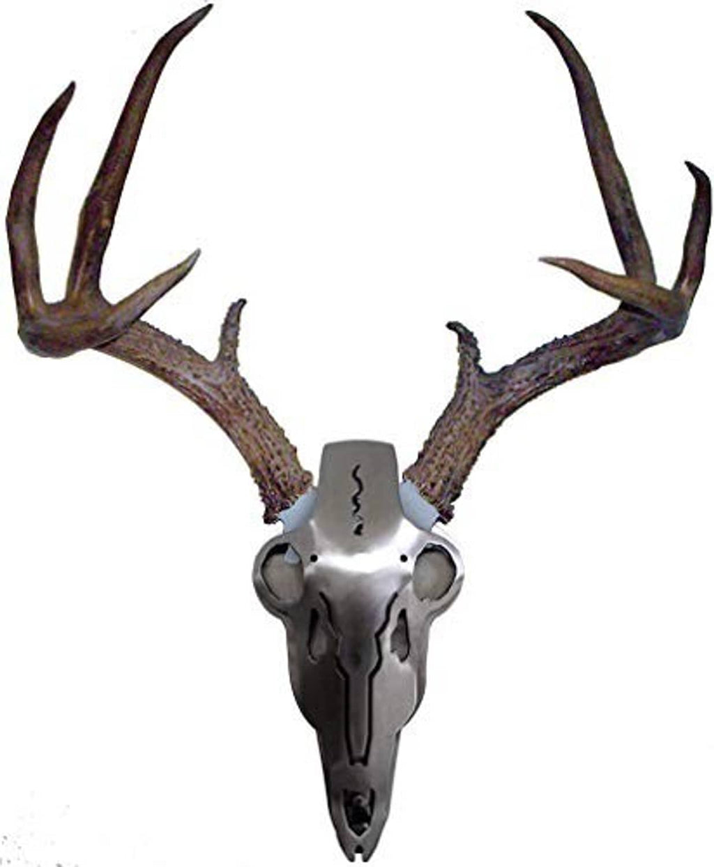 Silver iron deer skull with dark antlers, small wall mount decor