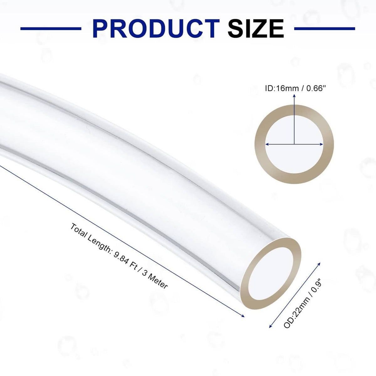 Clear PVC tube in a straight length, 16mm inner diameter and 22mm outer diameter