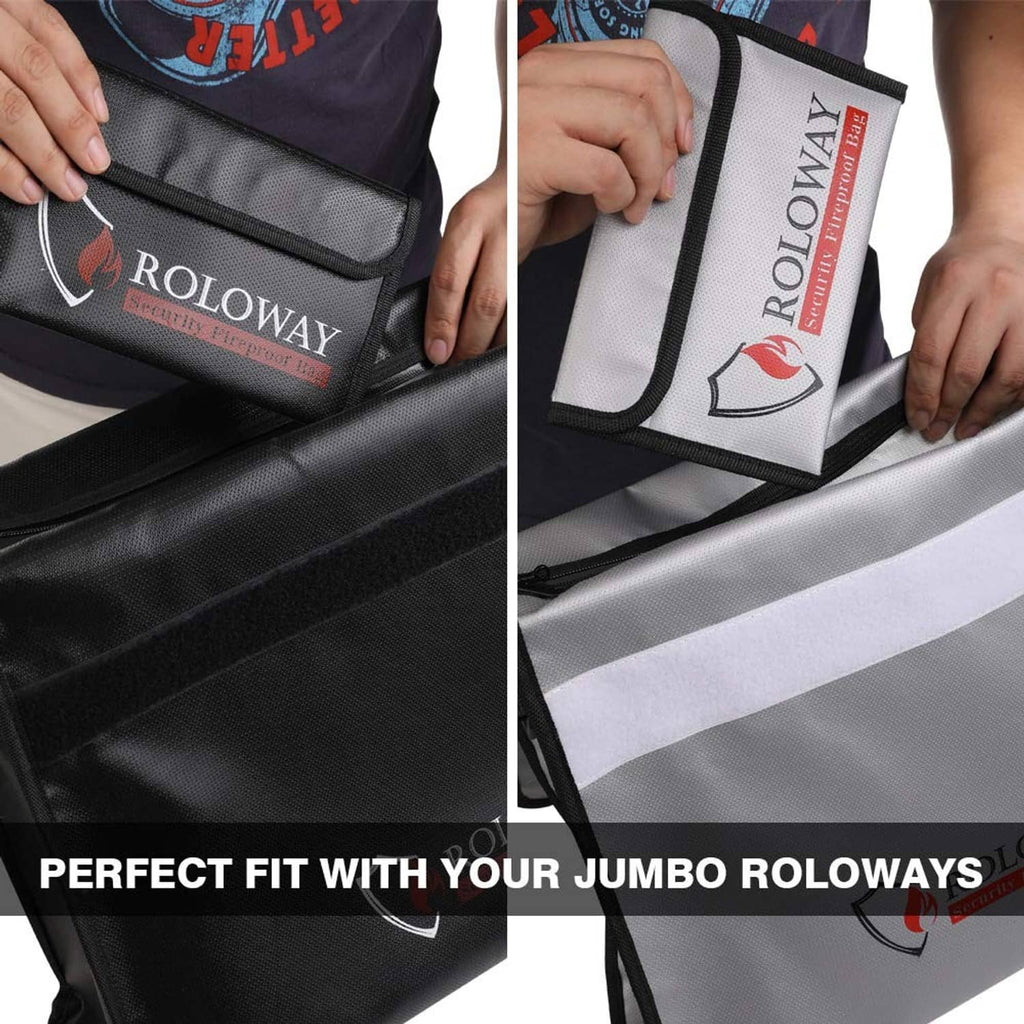 Fireproof money bag close-up showing Velcro flap, black-and-gray design with Roloway logo.