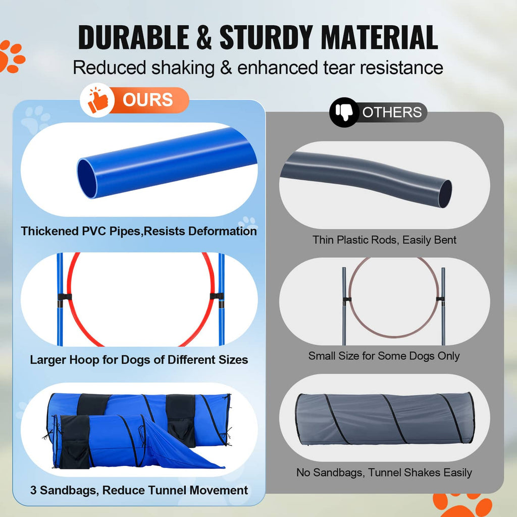 Blue PVC agility tunnel and hurdle components with thickened, tear-resistant pipes