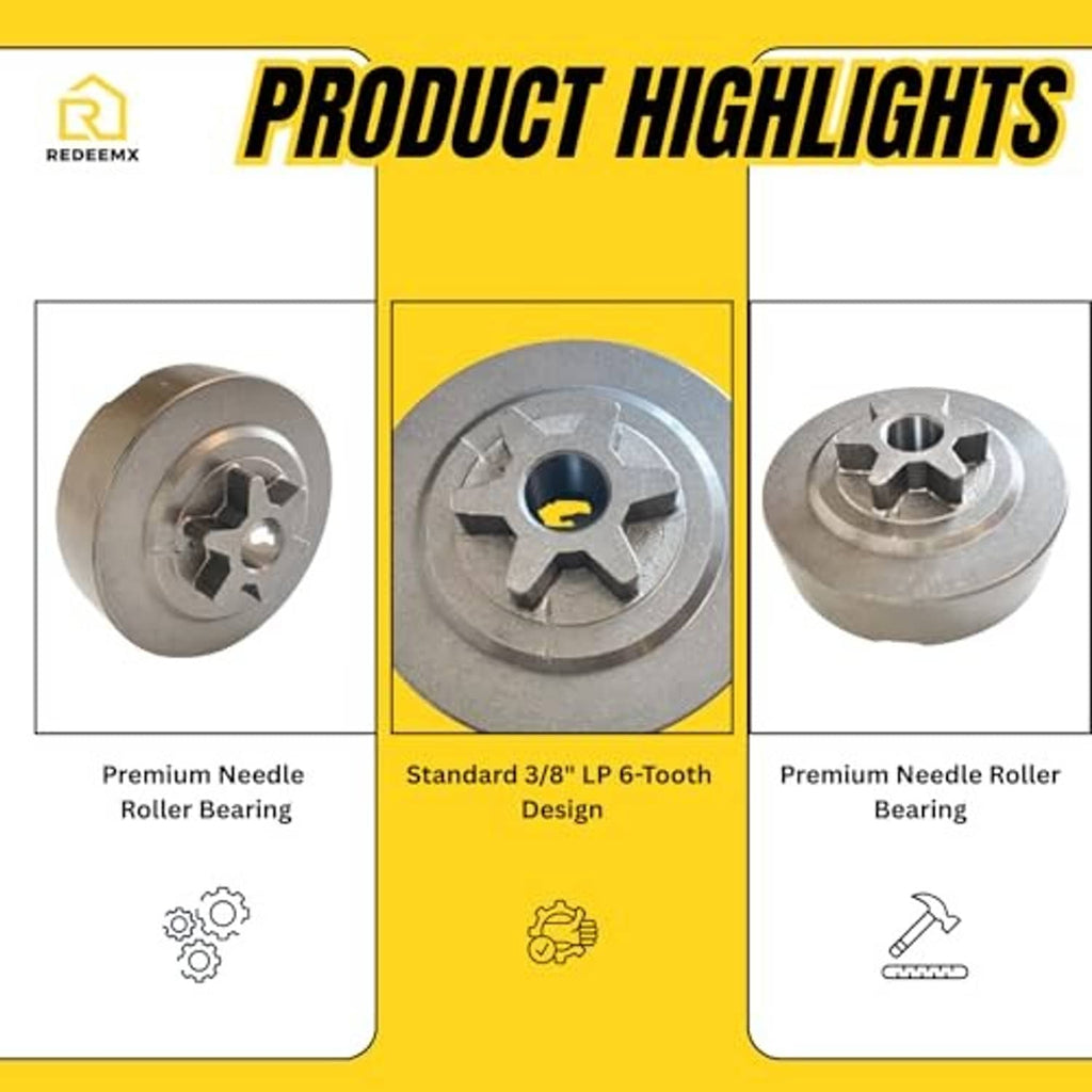 Clutch drum sprocket and needle roller bearing, shown in multiple angles