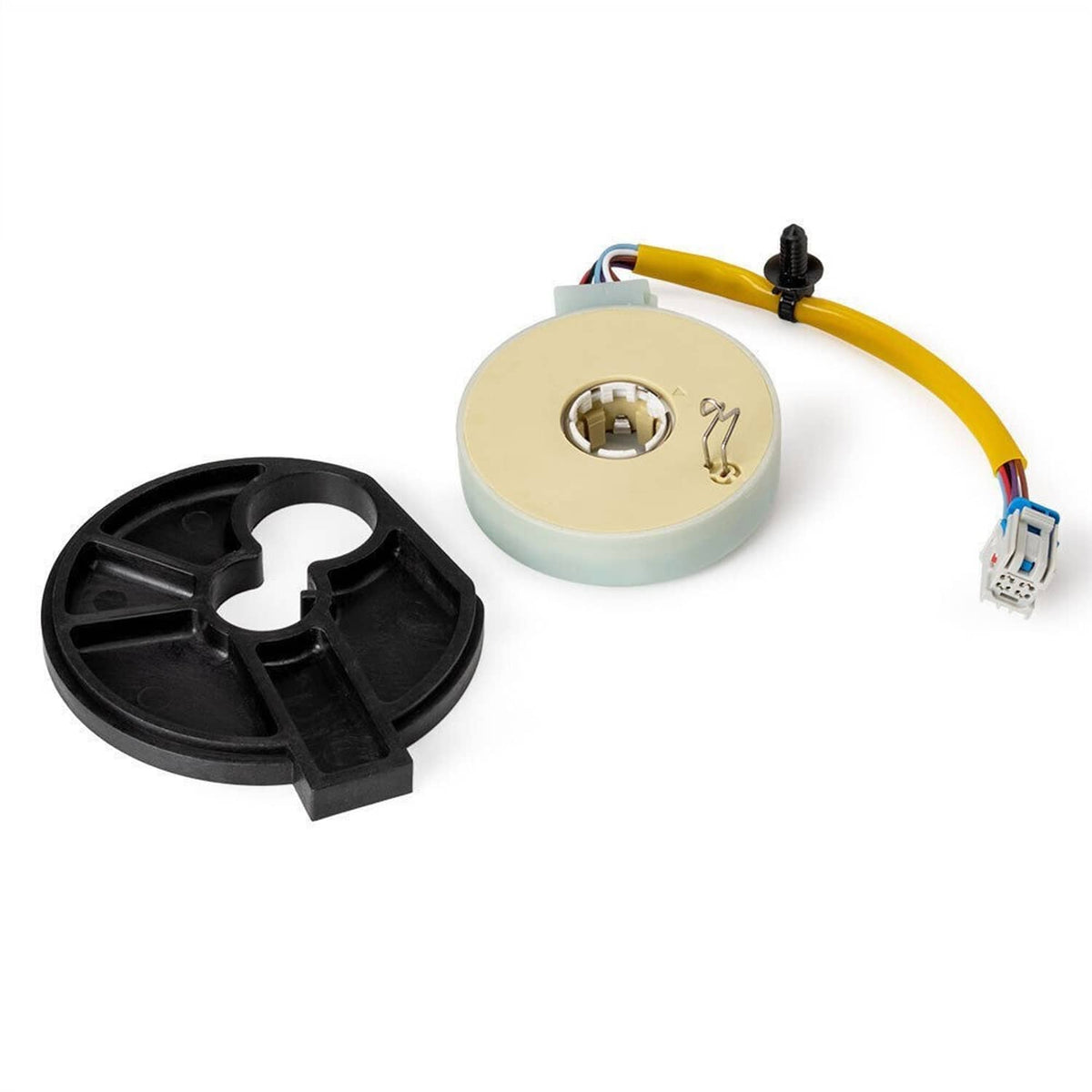 Steering torque sensor with pale base, yellow lead, and black snap-on insert