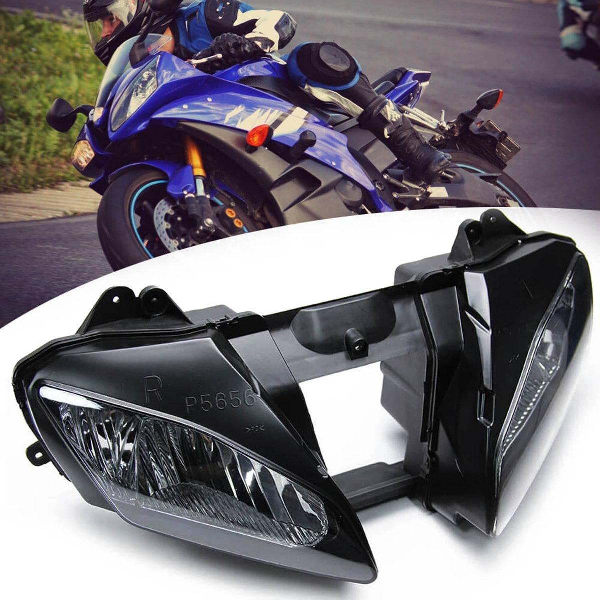 Motorcycle headlamp assembly with clear lens and black housing, side reflector and brackets