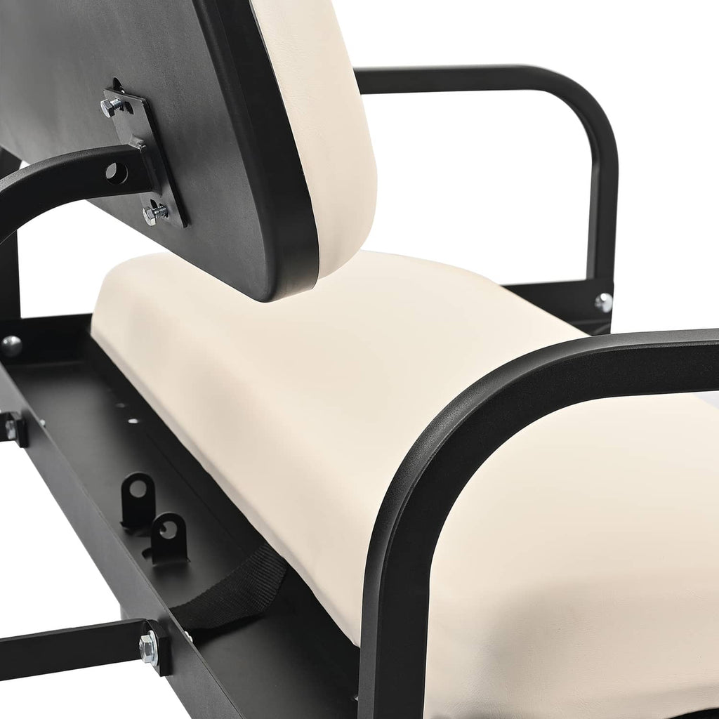 Rear flip back seat close-up of off-white cushion and black armrest support