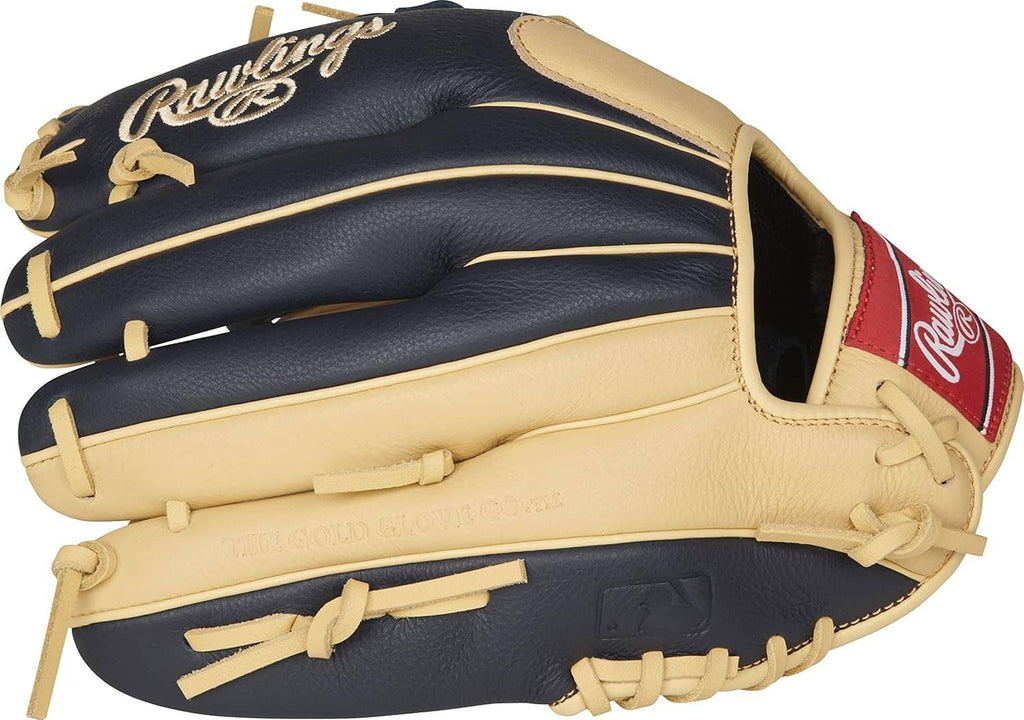 Youth baseball glove, tan and navy with red Rawlings logo wrist patch