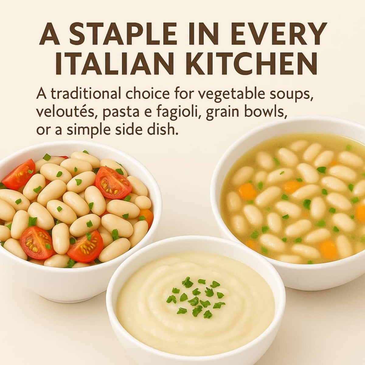 White cannellini beans with bowls of bean soup and creamy puree