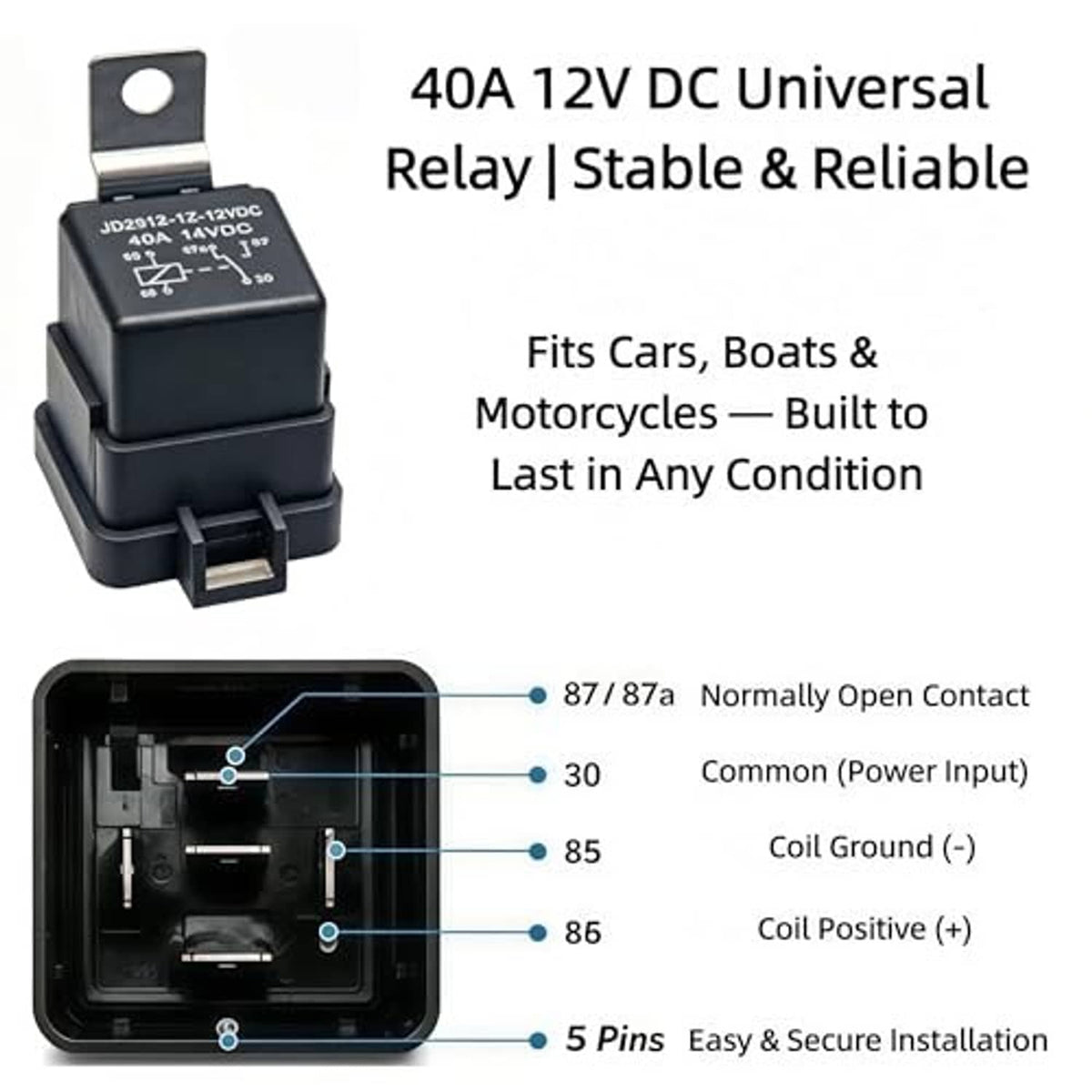 12V DC universal relay, black 5-pin housing with mounting tab and base pins