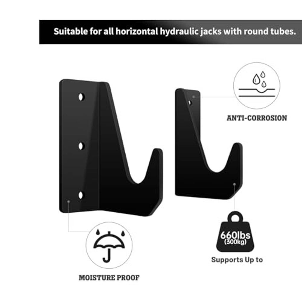 Black wall-mount jack stand brackets with anti-corrosion protection icons