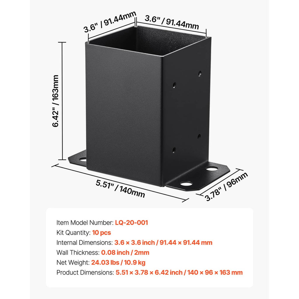 Black 4x4 post base bracket, 3.6x3.6 in inner opening, mounting plate holes