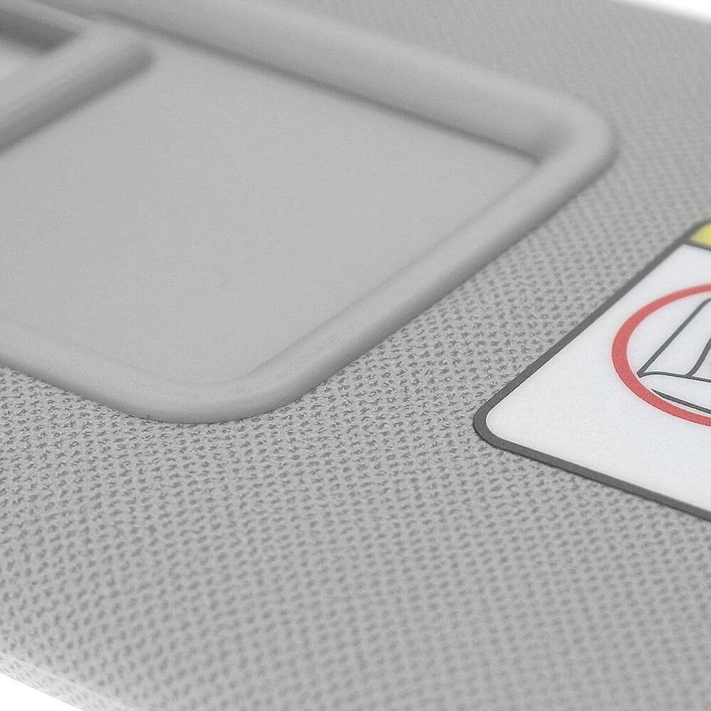 Gray sun visor with integrated mirror housing and mounting edge hardware