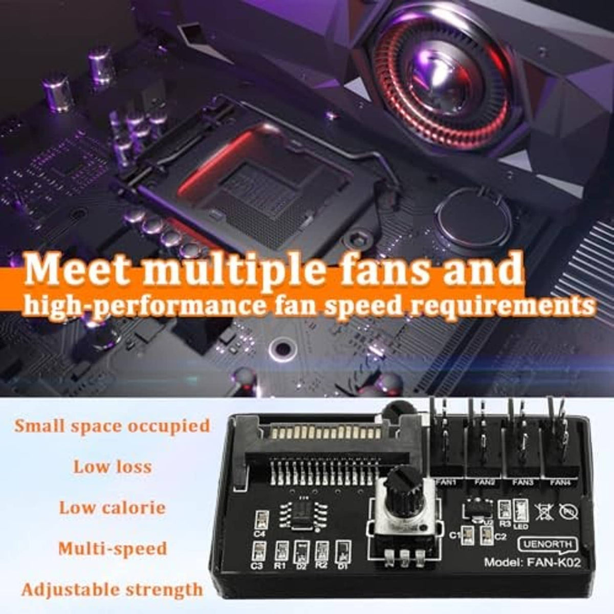 PWM fan speed controller installed in PC, with speed knob and fan headers