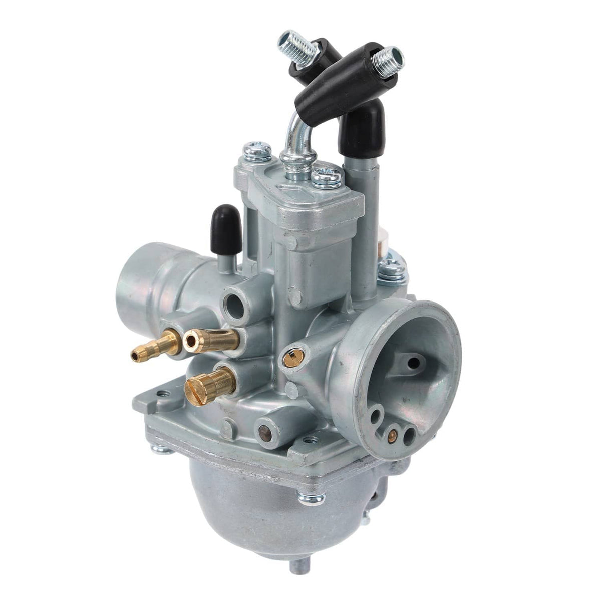 Carburetor with side intake and fuel fittings, metal body and black vacuum hose