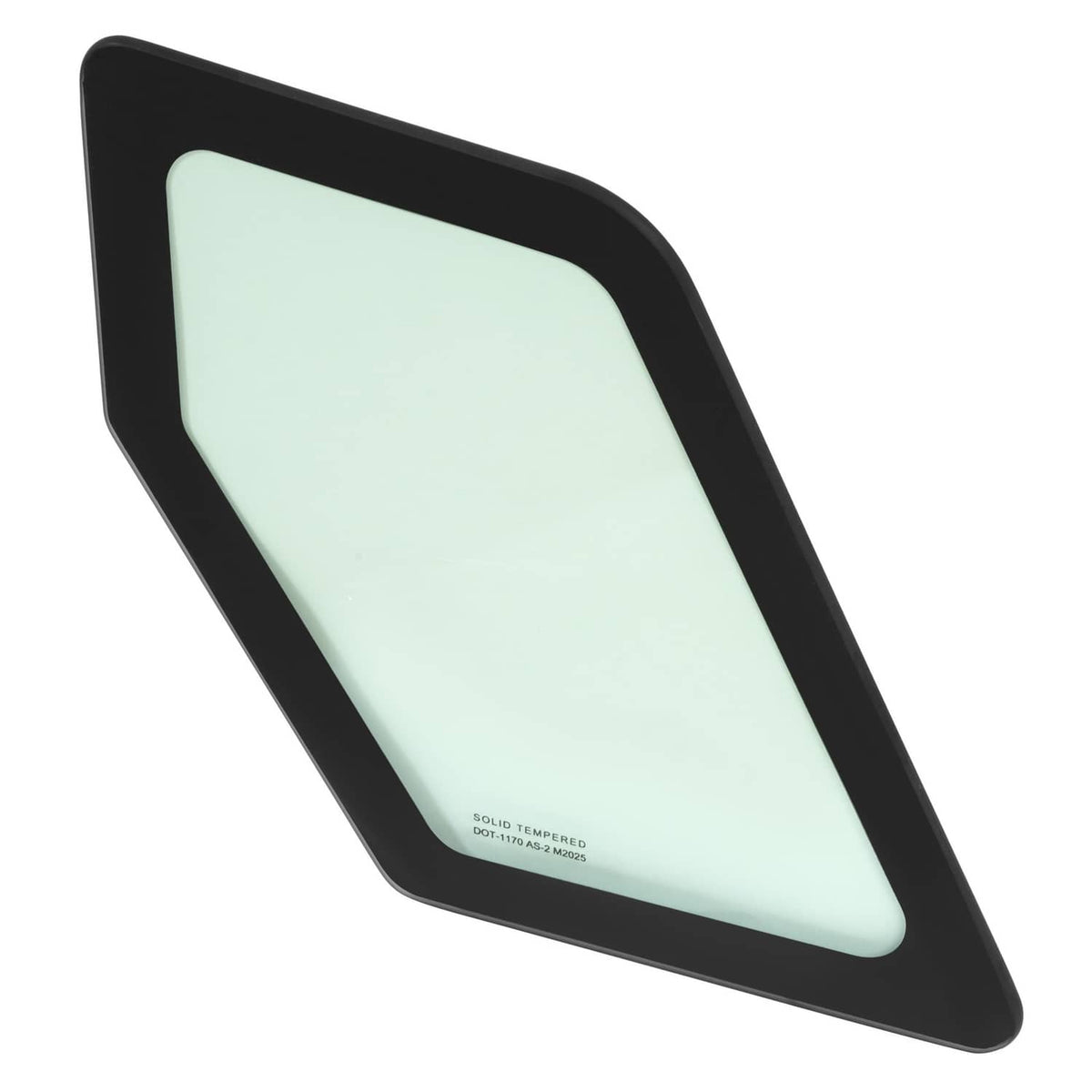 Cab window glass panel with black frame and light green tinted glass, angled view