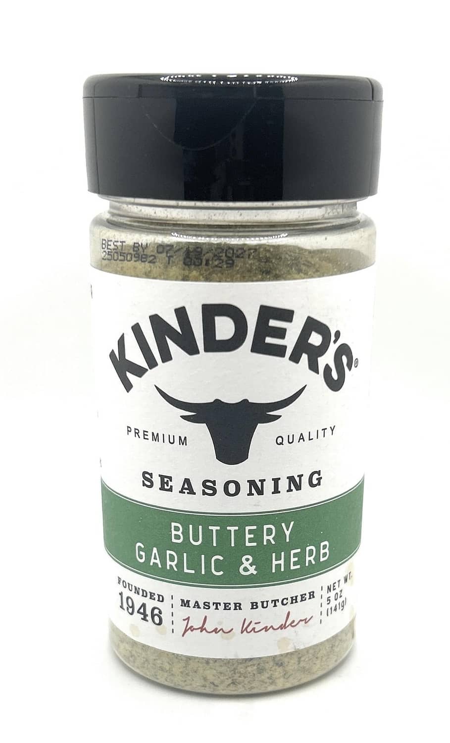 Kinder's Buttery Garlic & Herb seasoning jar with black lid