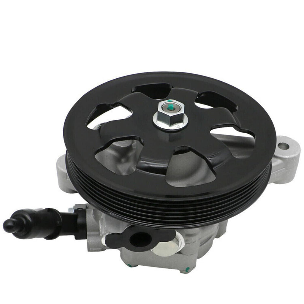Power steering pump with black pulley wheel and gray housing, side hose and fittings