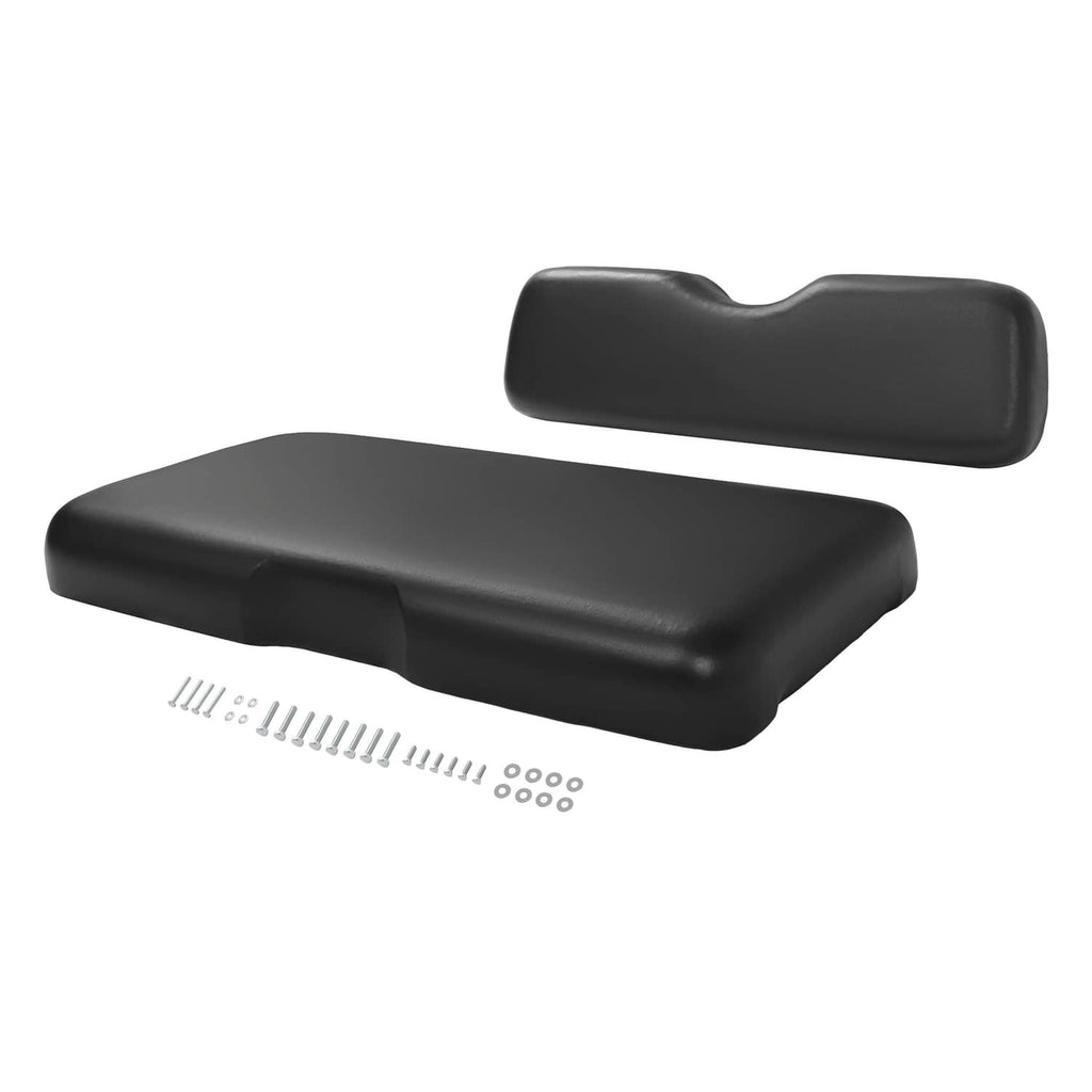 Black contoured seat bottom and backrest cushions with included fasteners