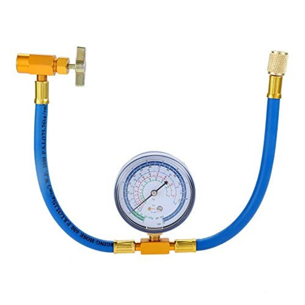 Blue recharge hose with brass shutoff valves and round pressure gauge