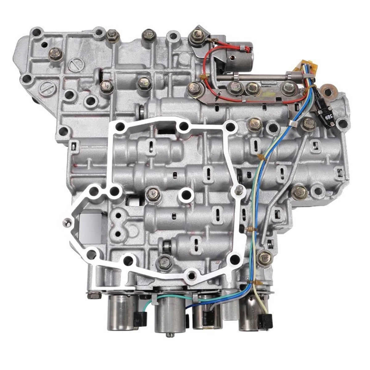 Transmission valve body with solenoid, silver housing with wiring connectors