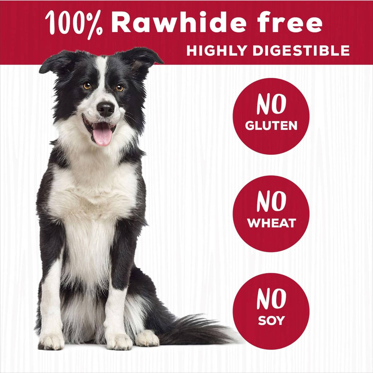 Rawhide-free dog chew package with black-and-white dog and red icons