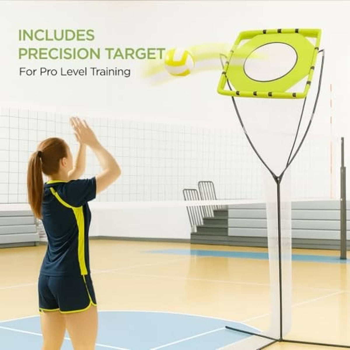 Volleyball setter training net with lime precision target panel and black frame