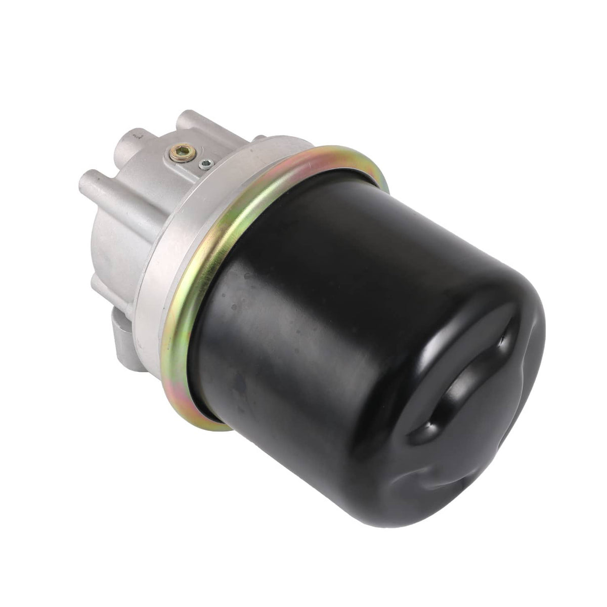Air dryer reservoir with black body and silver flange with multi-port side