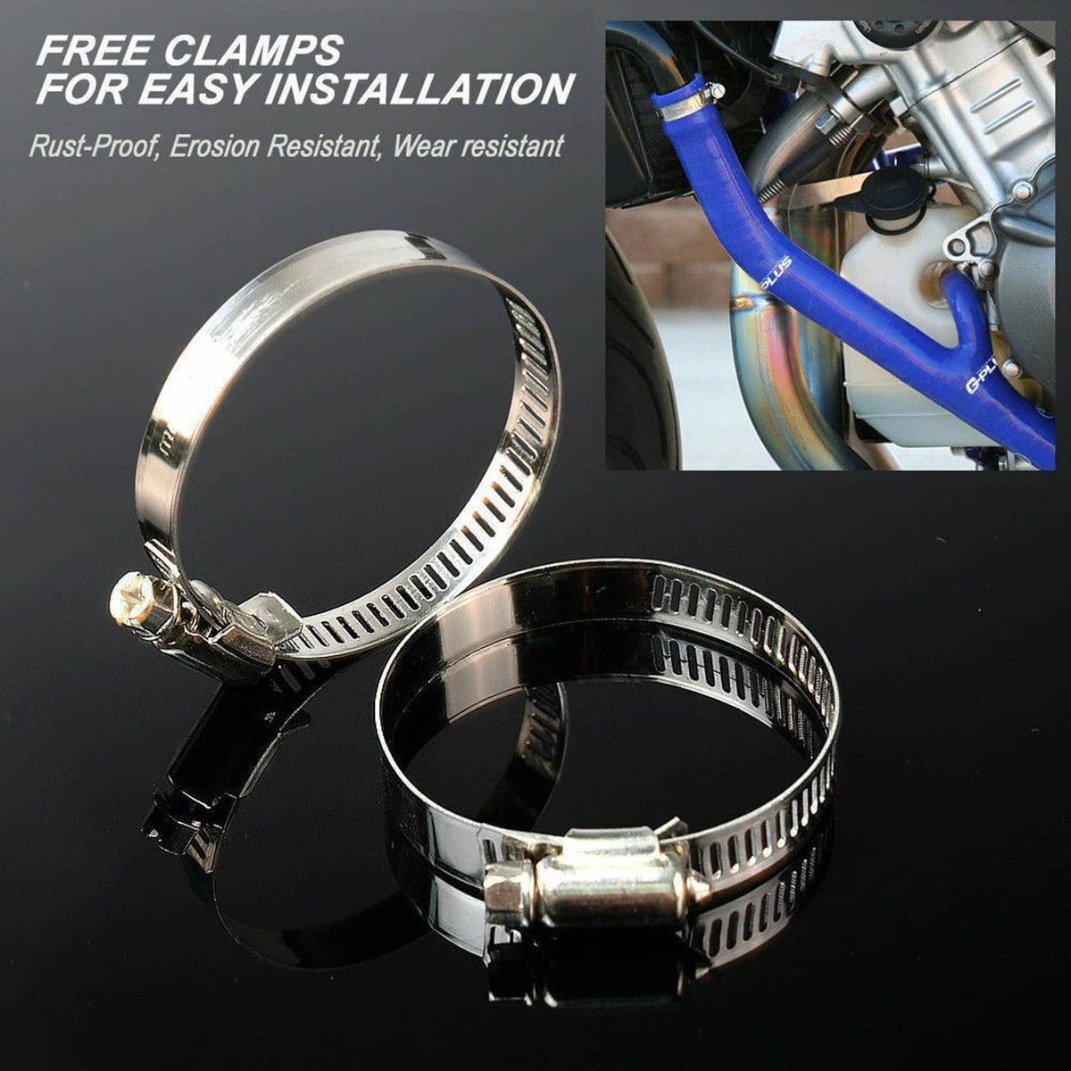 Blue radiator hose kit with stainless clamps, shown beside an installed engine bay hose