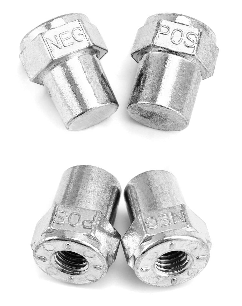 Battery post terminals with NEG/POS markings, zinc alloy, angled view, set of 4.