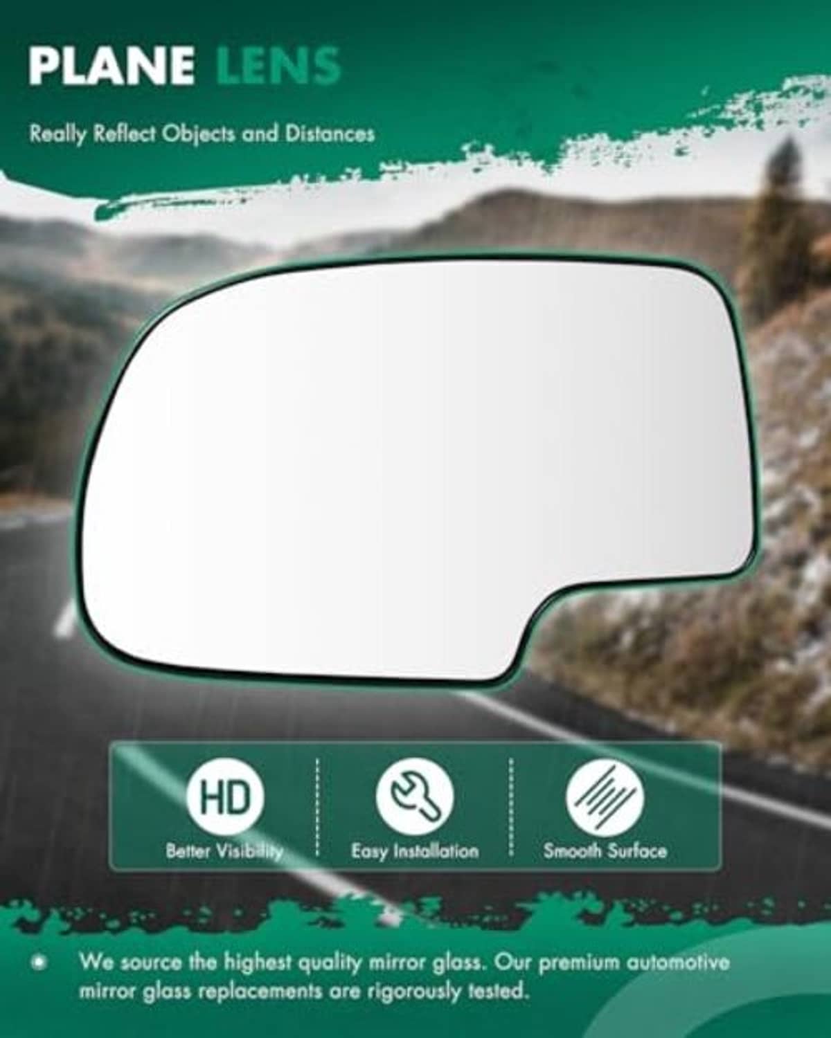 Driver side mirror glass with smooth reflective surface, shown in HD lens graphic.