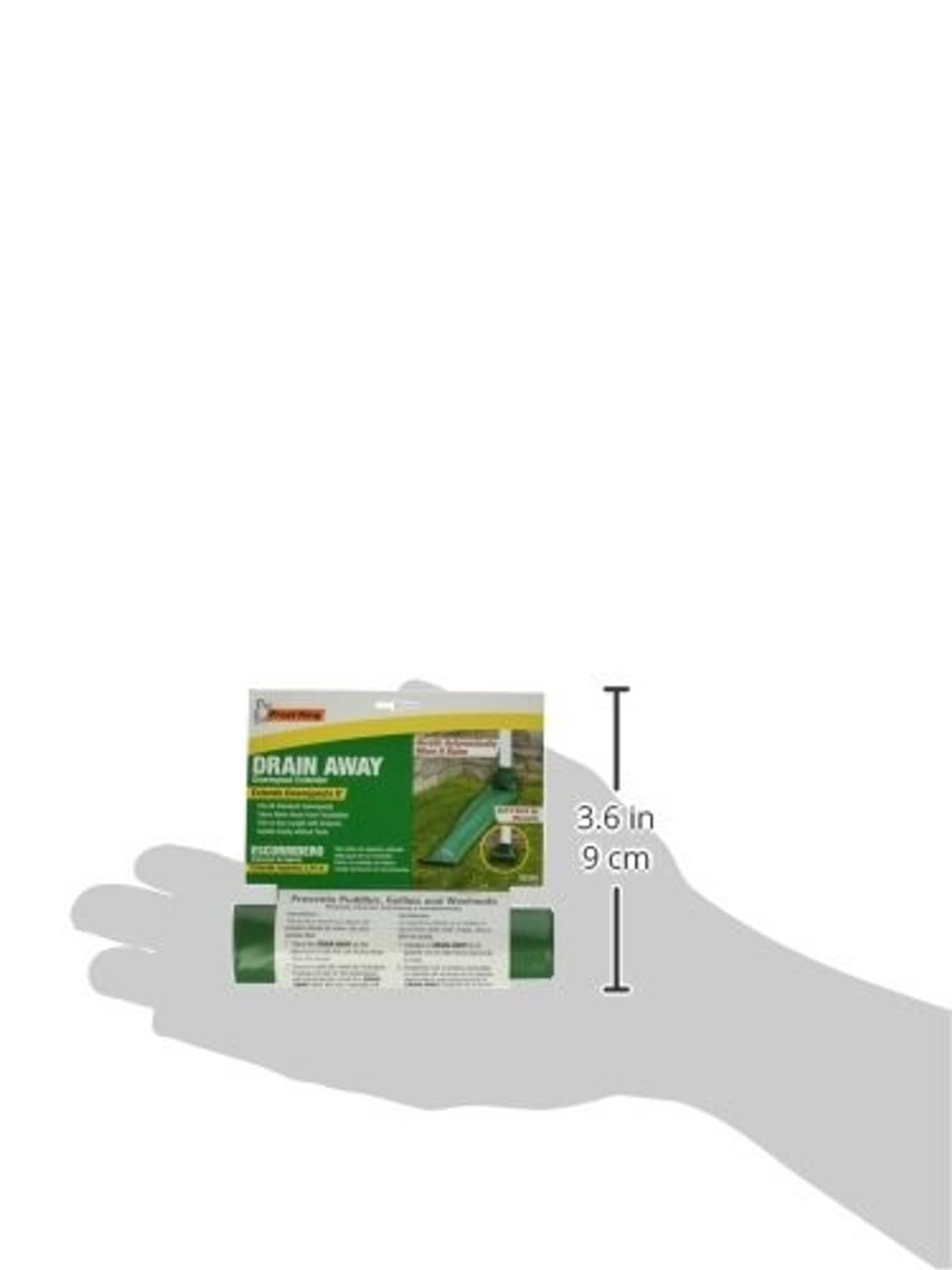 Green plastic downspout extender package with 3.6 in dimension label