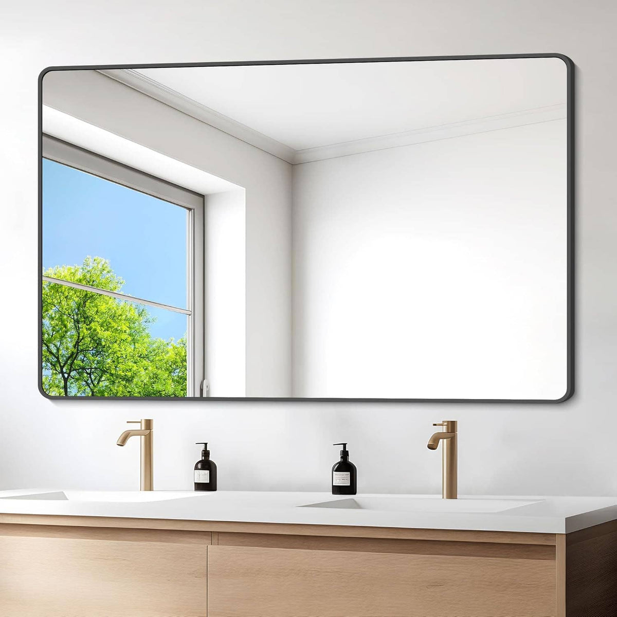 Matte black rectangular bathroom wall mirror with metal frame