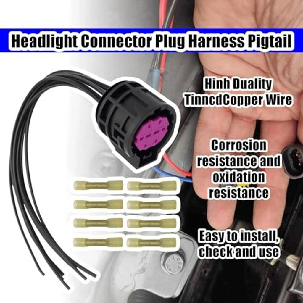 Headlight connector pigtail harness with black plug housing and multiple yellow wire terminals